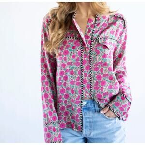 Natural Life Floral Berry Button Top Womens Medium Pink Boho Colorful Cheery